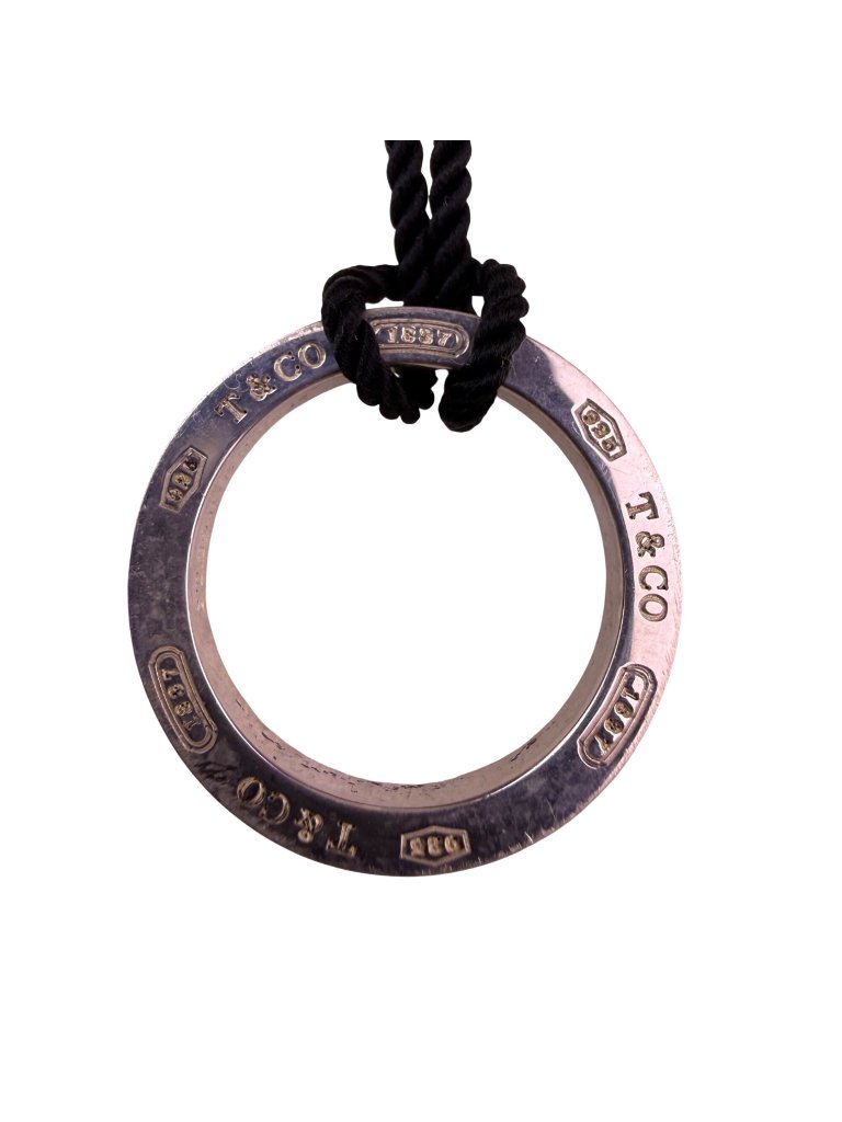 Tiffany & Co. Unisex Sterling Silver Round Pendant Black Cord Necklace